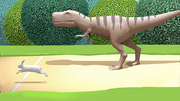 Rabbit crosses the finish line in a race with a tyrannosaurus rex following behind