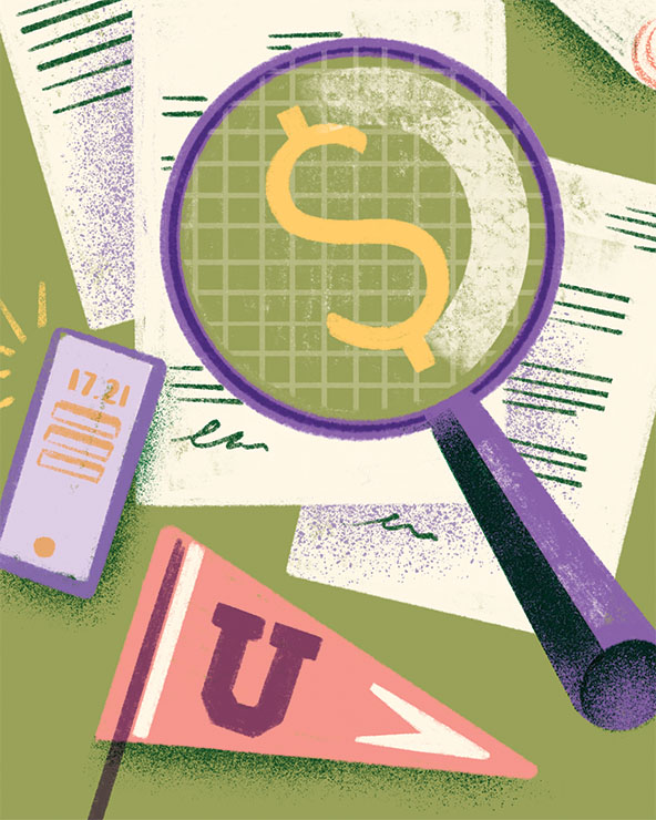 Magnifying glass showing a dollar sign on papers
