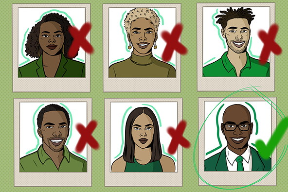 Illustration of photographs of six diverse people, five with  X's and one Black man with a check mark