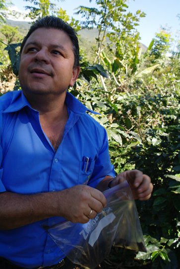 Ricardo Zuniga, and agronomist and member of the CoopeTarrazu Cooperative in Costa Rica, teaches farmers how to take soil samples to evaluate the environmental health of their land.