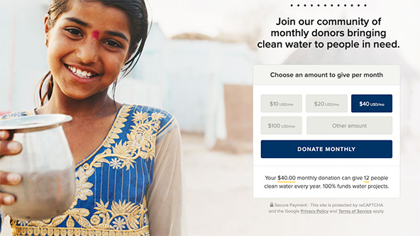A screenshot from charitywater.org's donation page