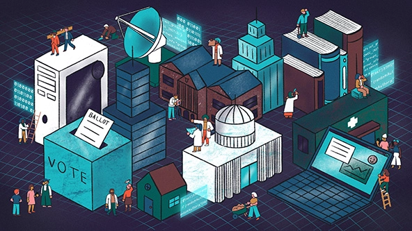 small buildings, ballot box, laptop, books, CPU,  lining streets with people walking by