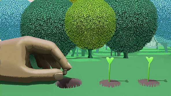 Hand planting a seed in the ground next to growing seedlings