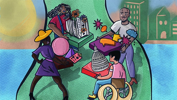 Three people, one in a wheelchair, coming together in center of image.