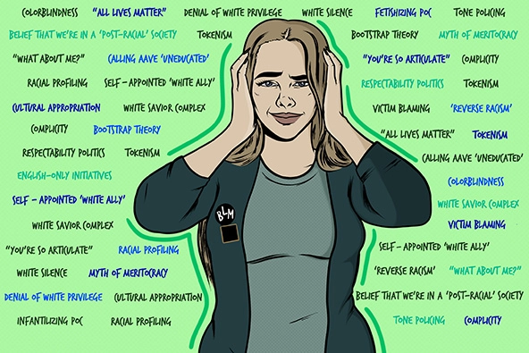 White woman with hands over her ears