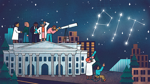 Public interest technologists standing on a government building looking into a telescope at a constellation that spells out 