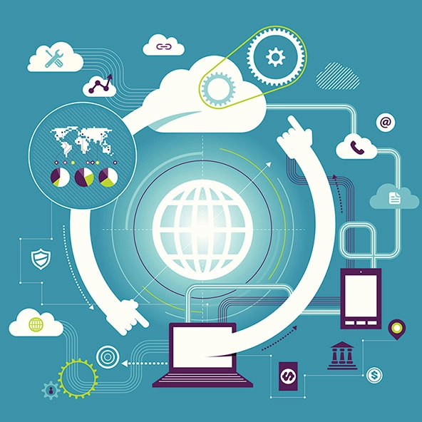 hands pointing in a circle from laptop to cloud to global map