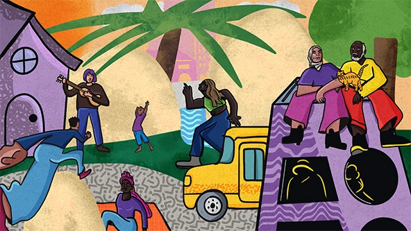 People in a neighborhood, outside homes, walking outside, sitting together 