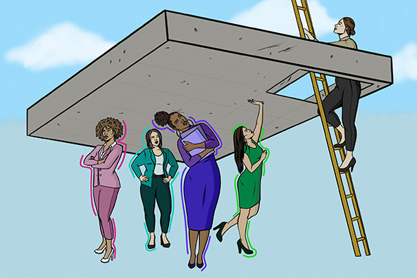 Women standing below a concrete ceiling and one woman climbing ladder through ceiling