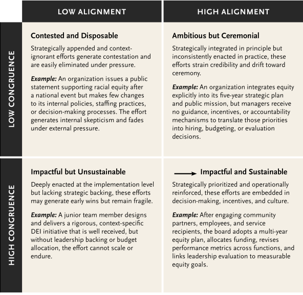 table that shows four theorized outcomes for sustainable and resilient equity work, described in article
