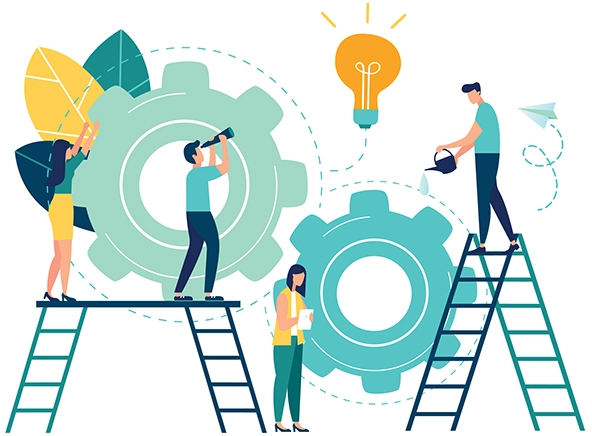 Illustration of men and women working together, looking for solutions