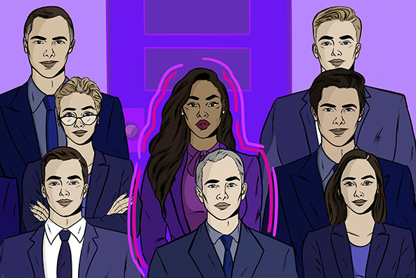 Illustration of seven white people and one Black person in business attire standing in front of a door