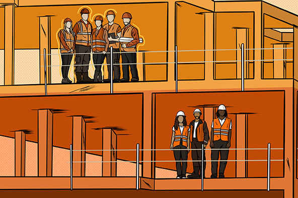 Illustration of construction worksite with white workers standing on top floor and Black workers standing on next floor.