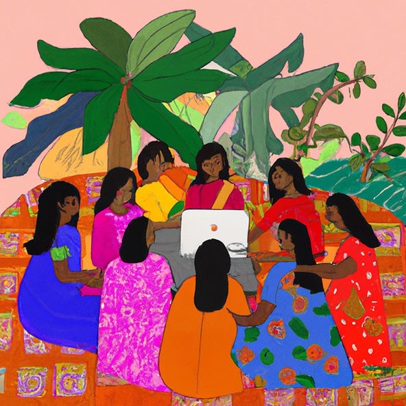 women in brightly colored dresses sitting in a circle outdoors looking at a laptop