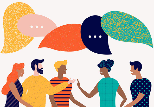 Illustration of a diverse group of people talking under speech bubbles