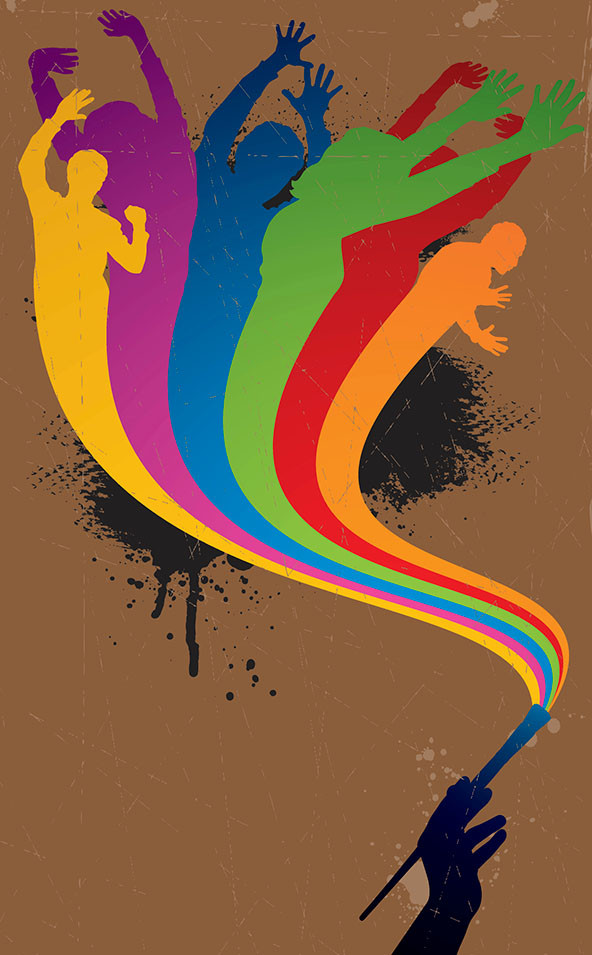 hand holding paintbrush with rainbow colors leading to figures in each rainbow color