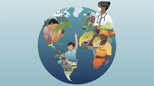 Globe with figures on continents representing maternal child health, education, health care, and well-being