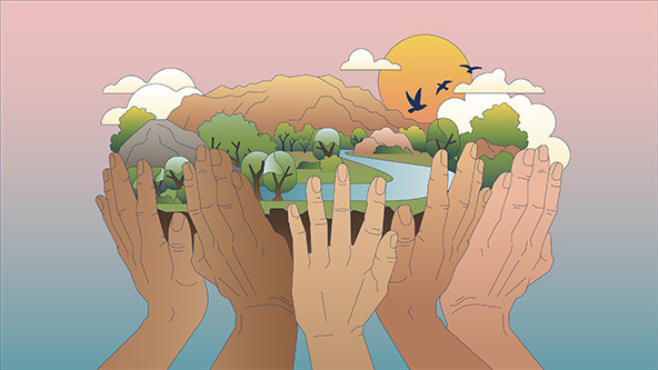 Diverse hands lifting up an island of land into the sky