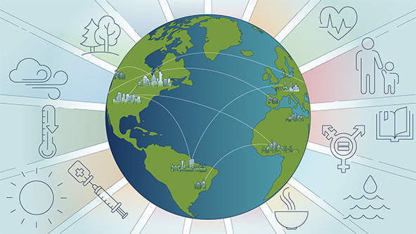 Globe with lines that connect cities surrounded by rays and symbols for climate change, food, and gender justice