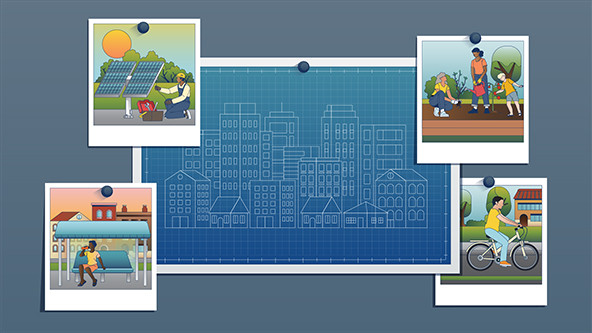 City blueprint with photos of solar panels, heat shelter, person on bike, greenspace