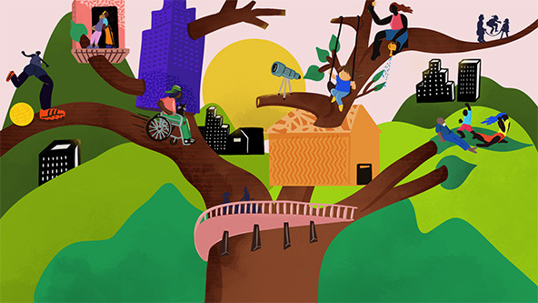 Tree with buildings, people playing outside on a background of green hills, sun in background