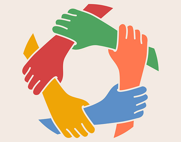 Five colored hands linked in a circle
