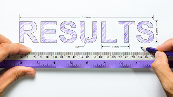 Hand holding ruler and pencil measuring the word results
