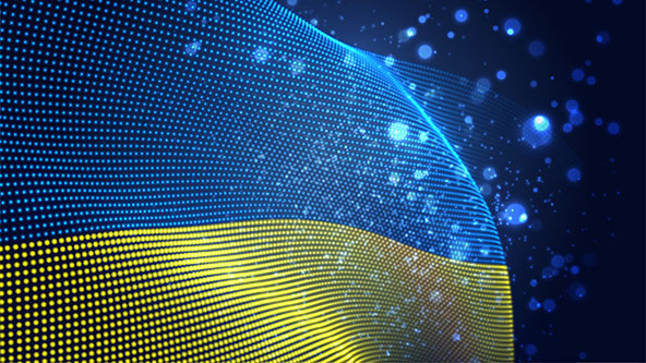 Ukrainian flag made of bright, glowing blue and yellow dots
