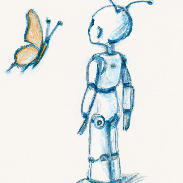 skinny robot looking at a butterfly