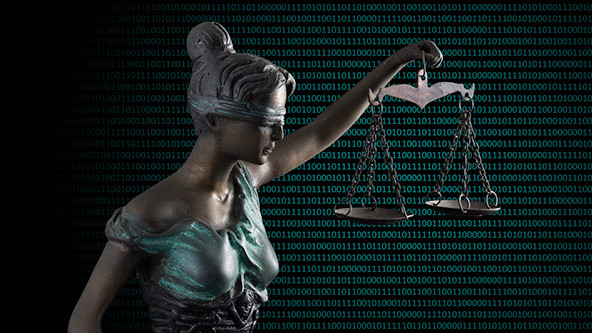 Lady Justice on a digital background
