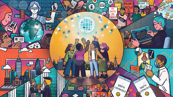 People holding up their hands toward a futuristic looking disco ball in the center, surrounded by illustrations of technology in health, justice, social media, education, design.