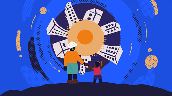 Black person holding a child's hand and looking at the sky with circle surrounded by houses and apartment buildings.