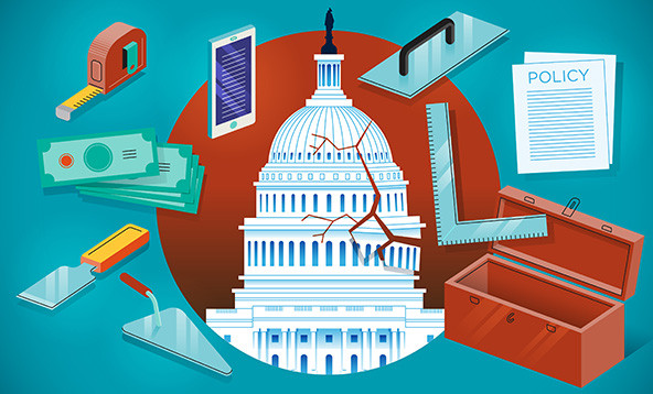 Illustration of US Capitol building with cracks in the facade surrounded by tools, toolbox, money, documents