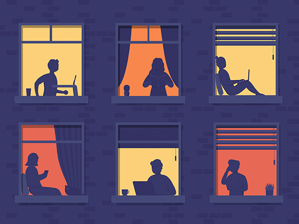 People in apartment windows work on laptop, talk on phone, read books, running on treadmill.