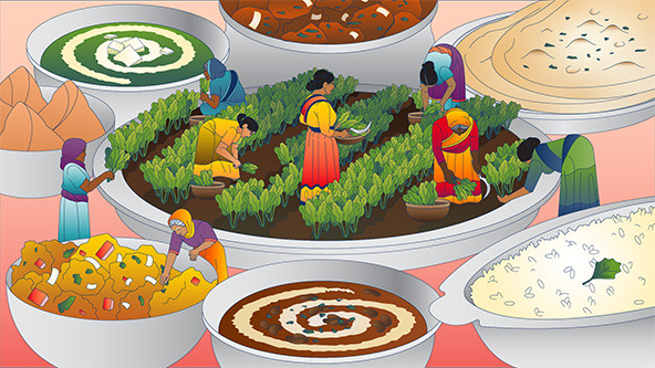 Indian women dressed in traditional clothing picking greens from a garden planted in a bowl; surrounded by other bowels of food