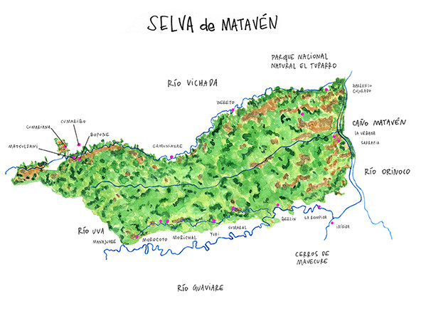 A drawn map of the Selva de Matavén in Colombia