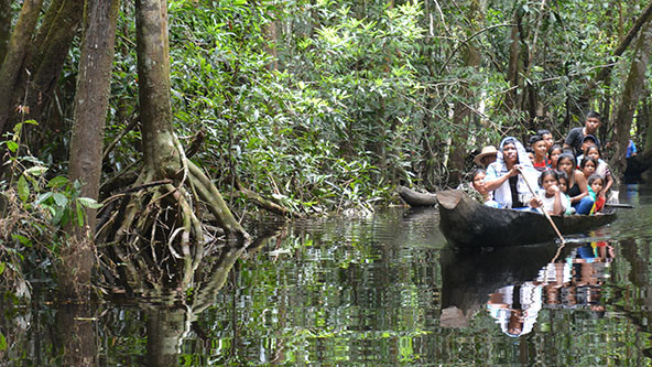 People in a small boat floating down a river in a rain forest