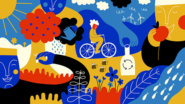 Illustration showing people integrated with the environment, riding a bicycle, recycling, watering a tree, eating fruit