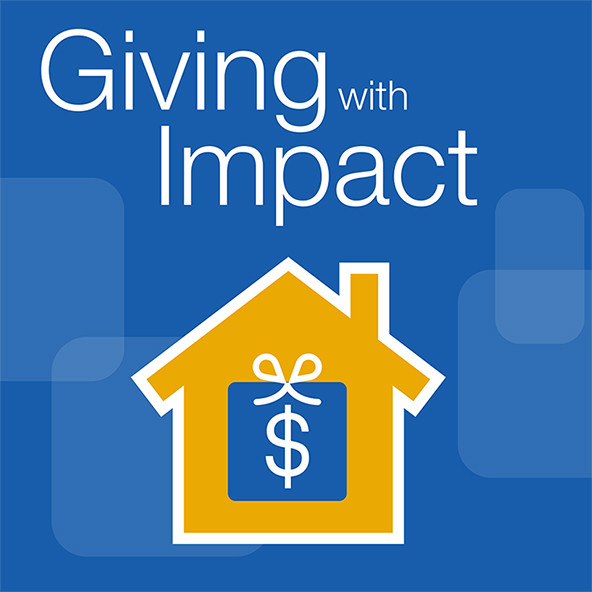 Words Giving with Impact on a blue background with house graphic and gift box with dollar sign.