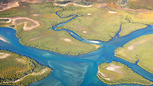 Aerial view of a river mouth