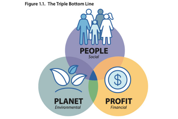 Illustration of the triple bottom line: Concentric circles with the words people, planet, profit