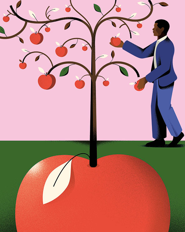 A man picking apples from an apple tree that's growing from an apple.