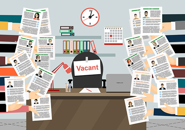 Hands holds resume on background. Workplace, office chair with vacancy sign, desk, table