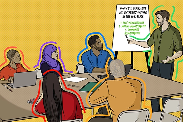 Diverse group of people sitting around conference table and listening to white mat standing next to a flipcart