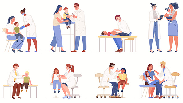 medical scenes with children and health care providers