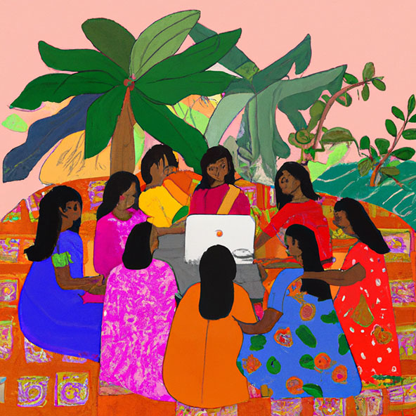 women in brightly colored dresses sitting in a circle outdoors looking at a laptop