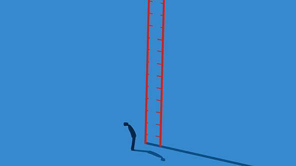 figure looking up at tall ladder