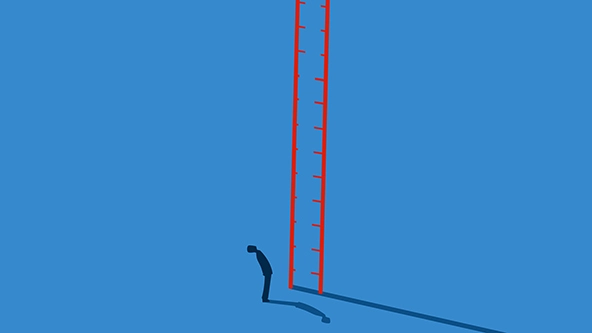 figure looking up at tall ladder