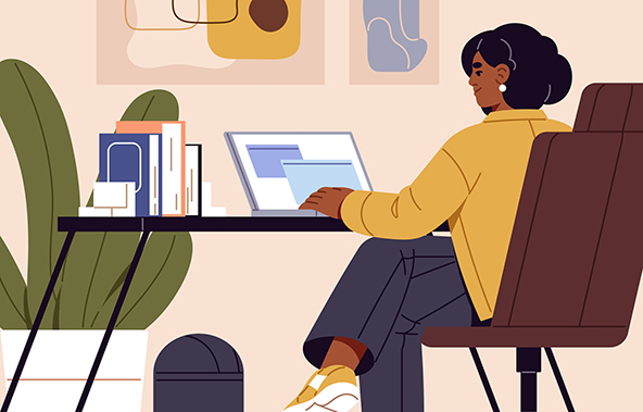young black woman works remote at home office
