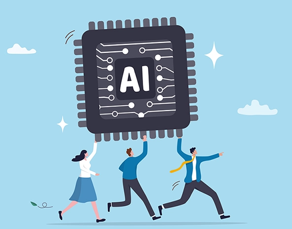 illustration of three figures caring a microchip labeled AI